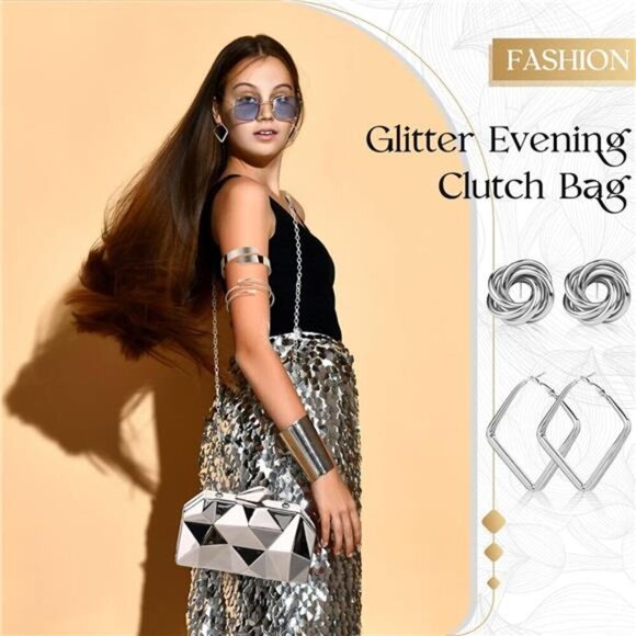 SILVER 5 Pc Clutch Purse for Women Evening Prom Metallic Clutch W/ Jewelry Set - Picture 6 of 7